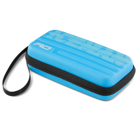 Blue hard shell dart case with wrist strap, angled view, isolated on white for dart storage and protection