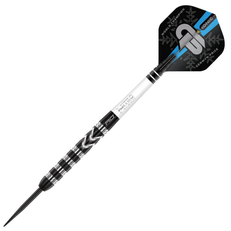 90% tungsten dart full view on white background with black grip barrel and Gerwyn Price World Champion flight.