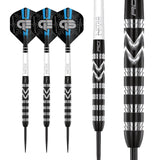 Steel tip darts set with black and silver grip barrels, detailed chevron machining, full view plus barrel close-up, isolated on white background