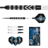 Tungsten darts set with black and silver grip detail, spare shafts and flights, and retail box, isolated on white background