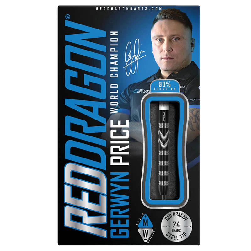 90% tungsten steel tip dart in retail packaging with visible barrel grip texture and weight details, Gerwyn Price series