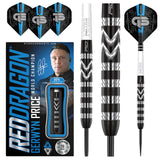 Steel tip darts set with 90% tungsten, close-up of black and silver grip, full dart view, flights, and retail packaging display