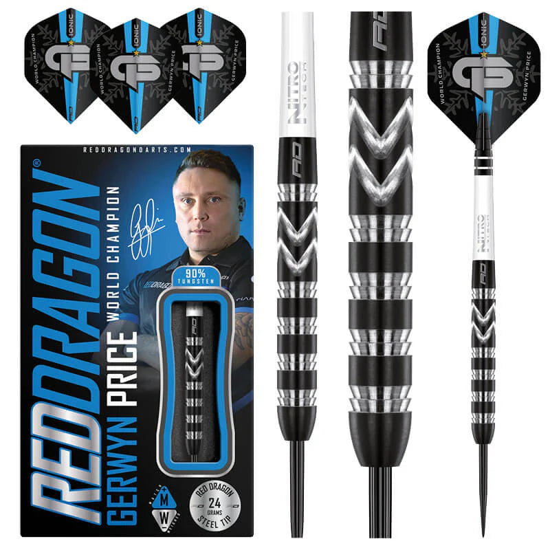90% tungsten darts set with black-silver grooved barrels, packaging, spare flights, and detailed close-up of grip texture.