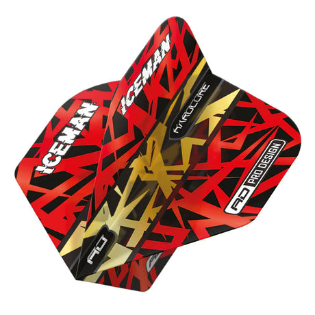 Angled close-up of three red and gold Gerwyn Price dart flights with bold graphic design, highlighting shape and pattern for dart players