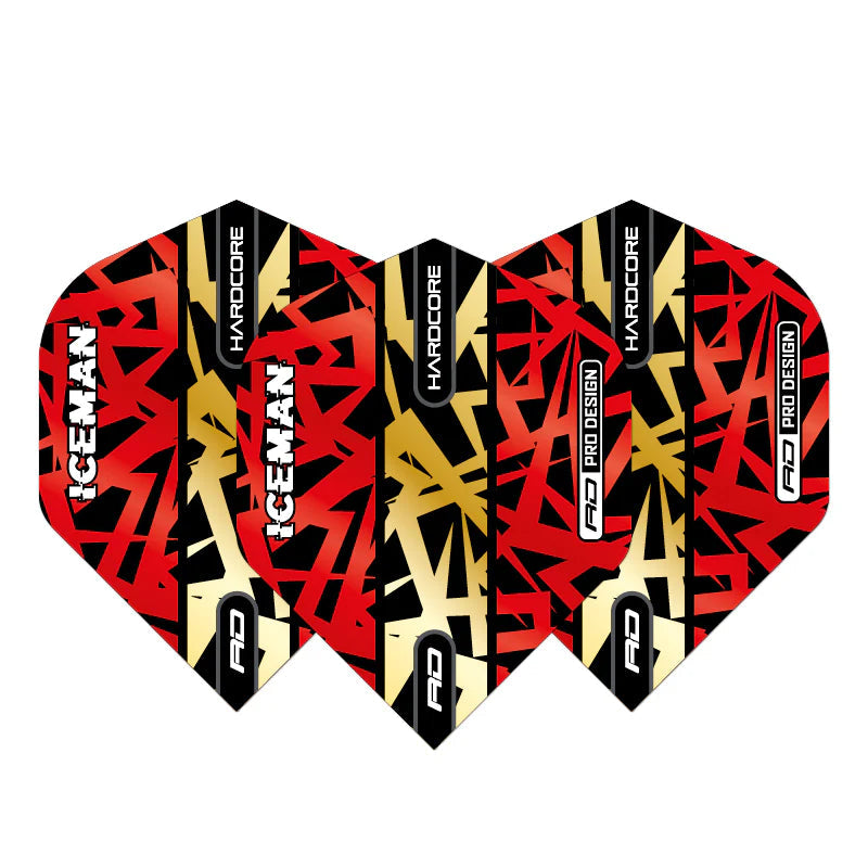 Three Gerwyn Price red and gold dart flights top-down, bold Hardcore graphics, 'ICEMAN' text, isolated on white background