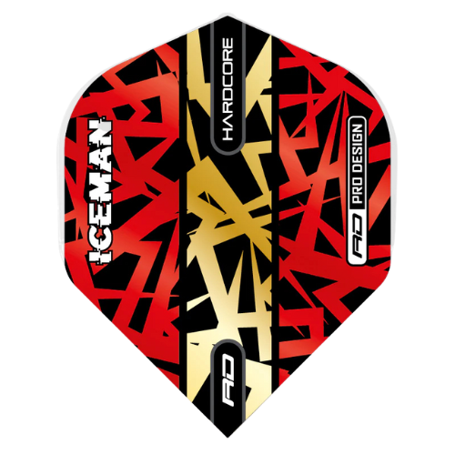 Single red and gold Hardcore dart flight close-up, angular pro design, bold graphic pattern, isolated on white for darts equipment