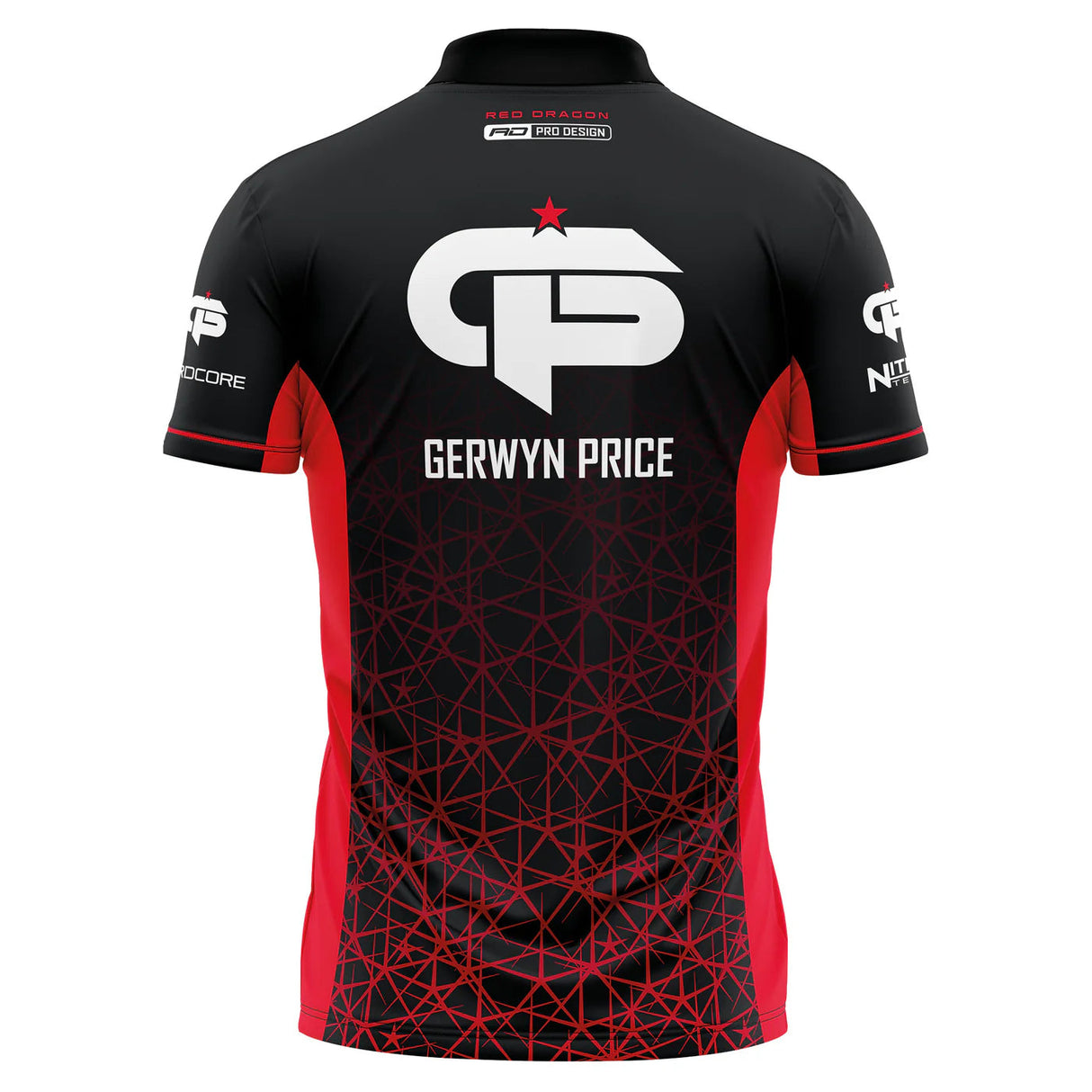 Back view of Gerwyn Price signature darts shirt isolated on white, featuring large logo, geometric pattern, and red side panels.