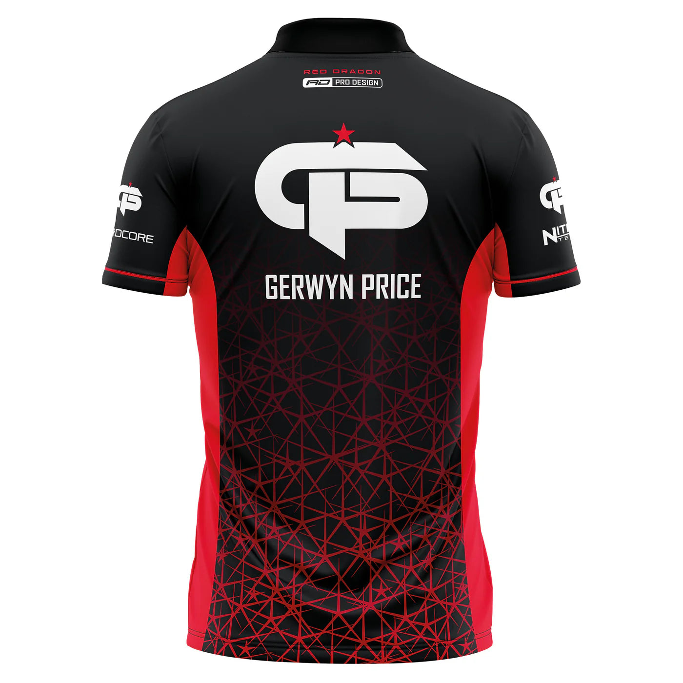 Back view of Gerwyn Price signature darts shirt isolated on white, featuring large logo, geometric pattern, and red side panels.
