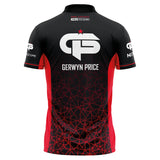 Back view of Gerwyn Price signature darts shirt isolated on white, featuring large logo, geometric pattern, and red side panels.
