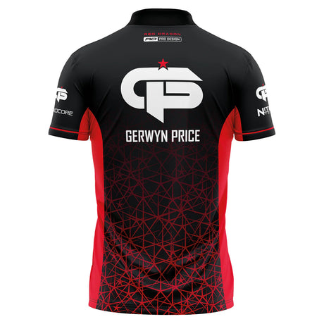 Back view of Gerwyn Price signature darts shirt isolated on white, featuring large logo, geometric pattern, and red side panels.