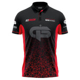 Front view darts shirt with Gerwyn Price logos, black and red design, isolated on white, performance polo for darts players