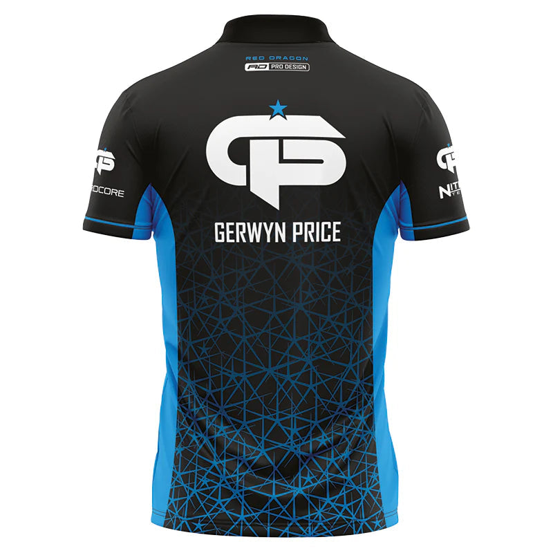 Back view of Gerwyn Price signature darts shirt with bold logo, geometric blue pattern, breathable performance fabric, isolated on white