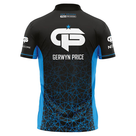 Back view of Gerwyn Price signature darts shirt with bold logo, geometric blue pattern, breathable performance fabric, isolated on white