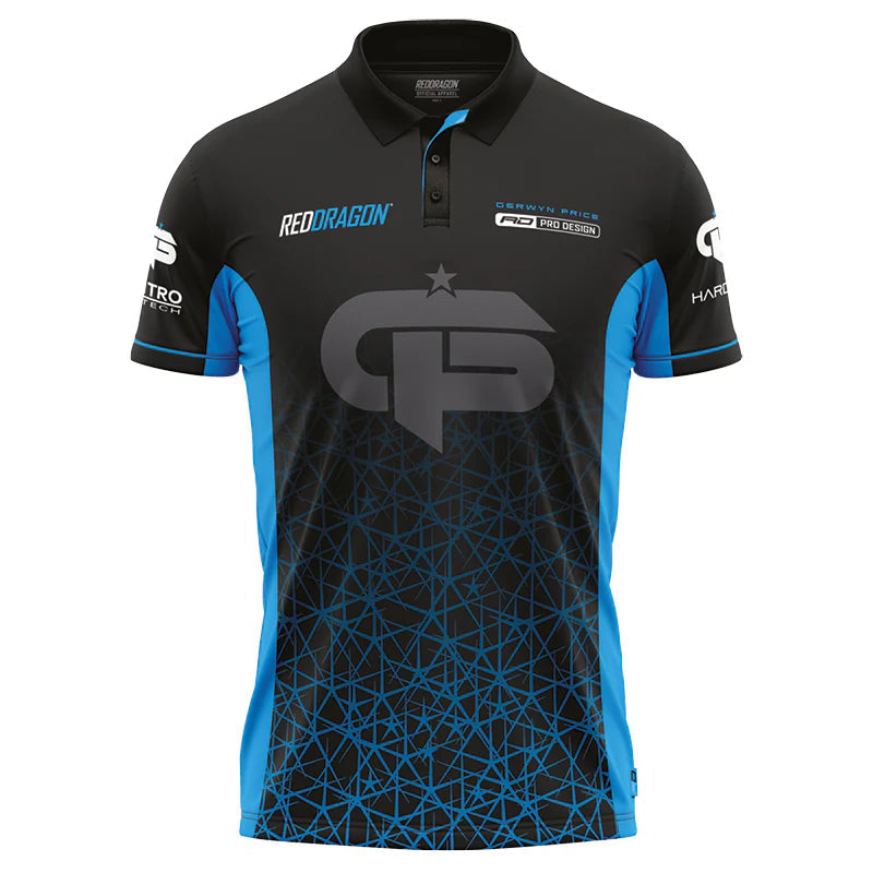 Full view darts shirt on white background showing Gerwyn Price signature style, breathable black fabric, blue panels, and sponsor logos