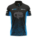 Full view darts shirt on white background showing Gerwyn Price signature style, breathable black fabric, blue panels, and sponsor logos
