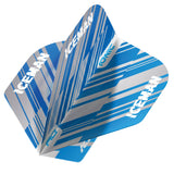 Angled close-up of No.2 dart flight with blue and white ICEMAN graphics, standard shape, isolated on white background
