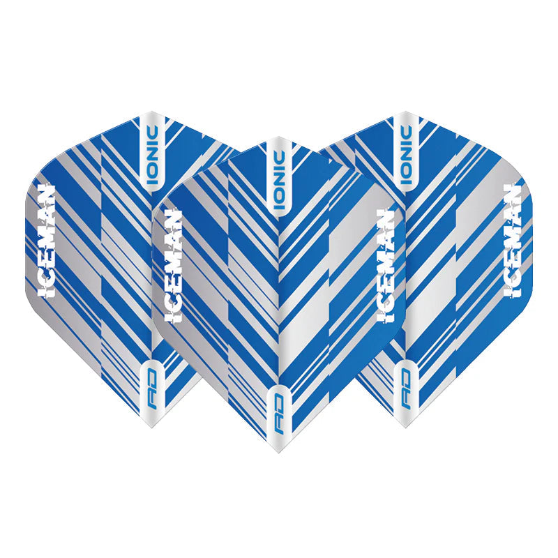 Three blue and white Gerwyn Price No.2 dart flights fanned on white background highlighting Iceman and Ionic graphics