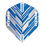 White and blue Gerwyn Price No.2 dart flight close-up, full view on white background, bold geometric design with ICEMAN text