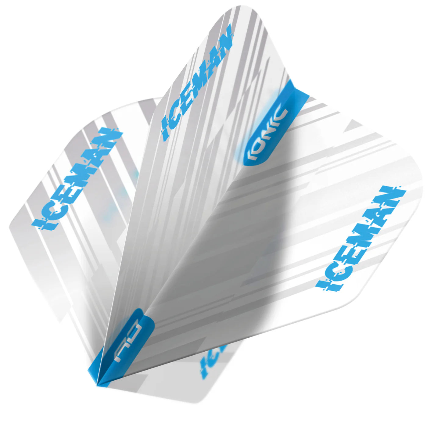 Angled close-up of Gerwyn Price White Ice No.2 dart flights with ICEMAN text and icy blue accents, highlighting durable flight material