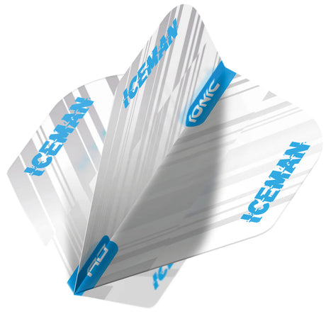 Angled close-up of Gerwyn Price White Ice No.2 dart flights with ICEMAN text and icy blue accents, highlighting durable flight material