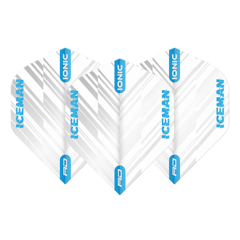 Set of three Gerwyn Price White Ice No.2 dart flights displayed side by side, featuring white and silver graphic design with blue ICEMAN and IONIC branding