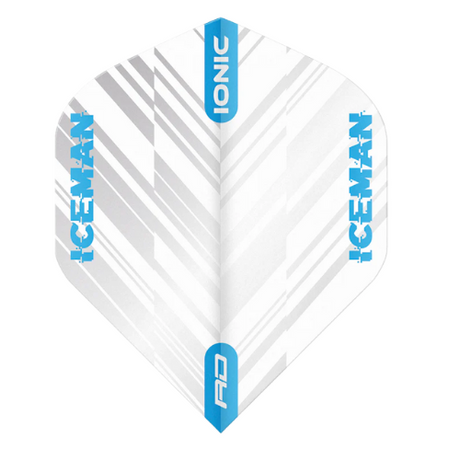 White Ice No.2 dart flight full view with ICEMAN and IONIC text, angular pattern, single flight on white background