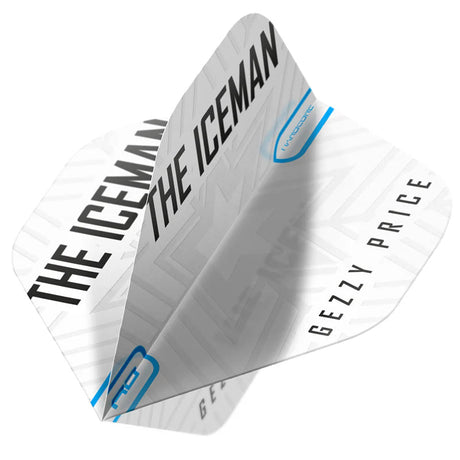 Angled close-up of Gerwyn Price White Iceman No.2 dart flight, open shape, bold text and pattern, isolated on white background.