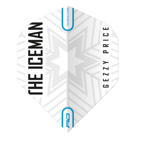 Gerwyn Price White Iceman No.2 dart flight with starburst pattern, bold text, and blue accents, displayed flat on white background