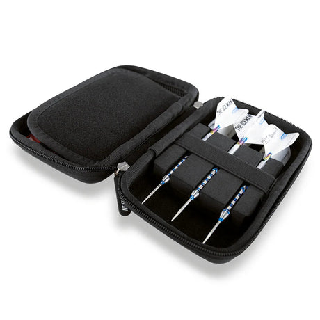 Angled view of open darts case with three darts securely held, showing case interior, dart barrels, and white flights for dart players