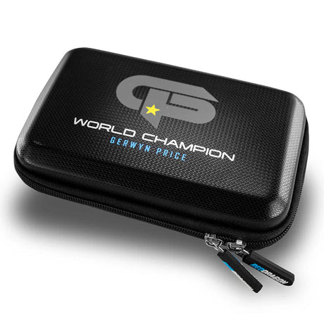 Angled view of Gerwyn Price World Champion darts case with textured black exterior, zipper closure, and printed logo for dart storage