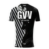 Back view of Gian Van Veen 2025 limited edition darts shirt with bold GVV lettering and black stripe design on white background
