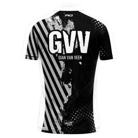 Back view of Gian Van Veen 2025 limited edition darts shirt with bold GVV lettering and black stripe design on white background