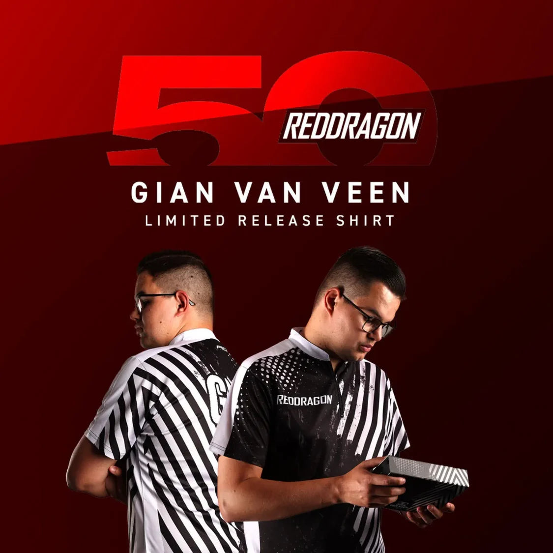 Angled lifestyle shot of Gian Van Veen limited edition darts shirt, front and back views, bold black and white graphic, worn by two models.