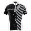 Front view of Gian Van Veen 2025 limited edition darts shirt with black and white graphic stripes and polka dot design on white background