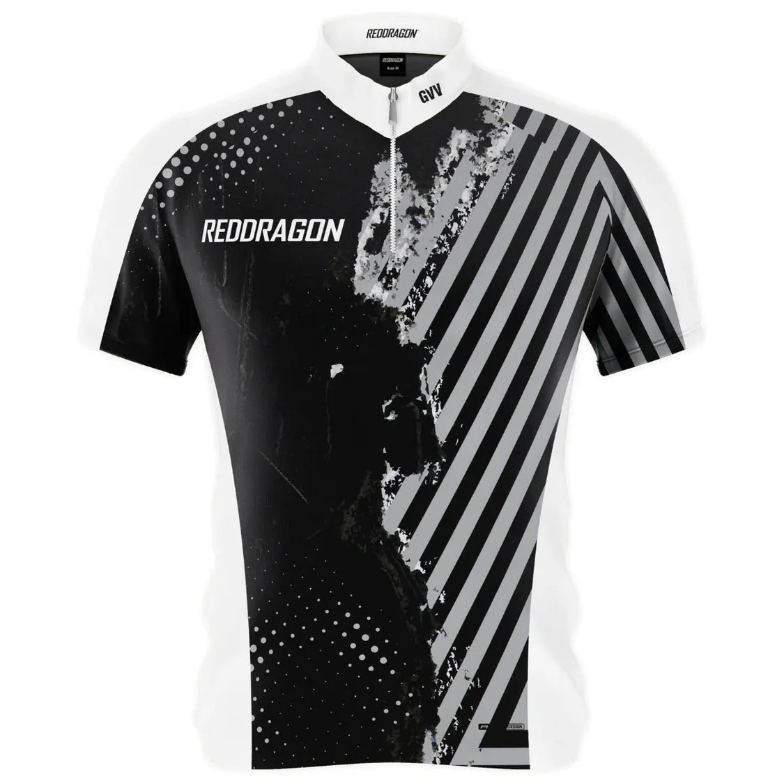 Front view of Gian Van Veen 2025 limited edition darts shirt with black and white graphic stripes and polka dot design on white background