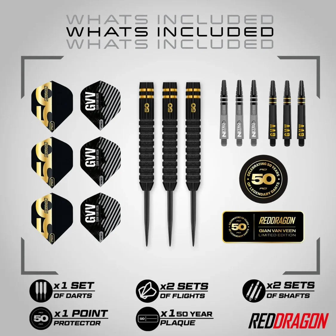 Top-down view of Gian Van Veen 90% tungsten darts set with 3 knurled barrels, 2 sets of flights, 2 sets of shafts, point protector, and 50-year plaque