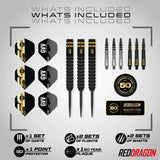 Top-down view of Gian Van Veen 90% tungsten darts set with 3 knurled barrels, 2 sets of flights, 2 sets of shafts, point protector, and 50-year plaque