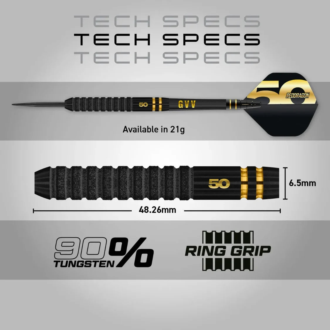 Full view limited edition 90% tungsten dart with ring grip, gold accents, 48.26mm barrel length and 6.5mm diameter, technical specs display