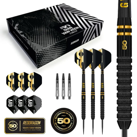 Limited edition 90% tungsten darts set with three black-gold darts, flights, shafts, accessories, and anniversary gift box on white background