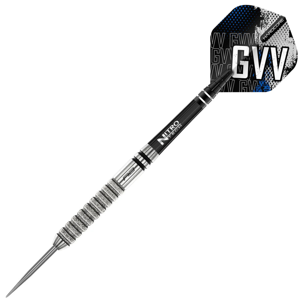 Tour edition tungsten dart with precision grip barrel, black Nitro Tech shaft, and custom GVV flight on white background