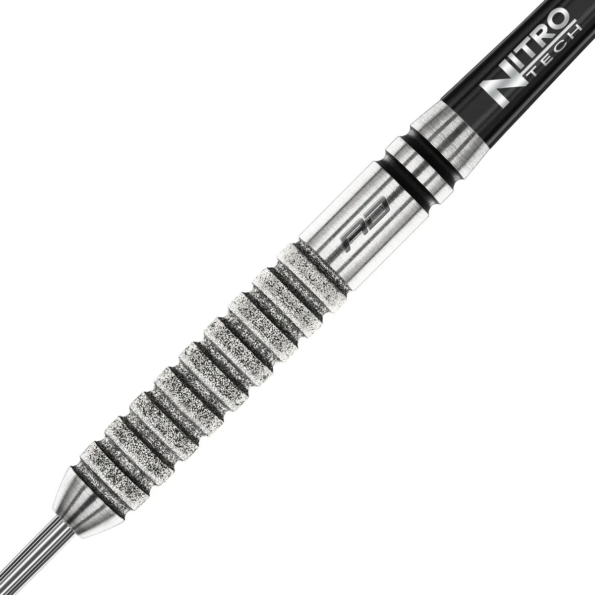 Close-up angled view of 90% tungsten dart barrel with precision grip rings and engraved detail, attached to black NitroTech shaft, isolated on white