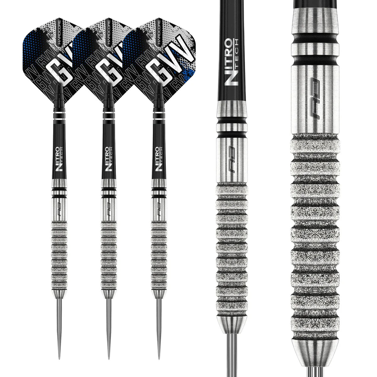 90 percent tungsten darts set with black Nitro Tech shafts, GVV flights, and close-up of textured precision grip barrel on white background