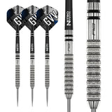 90 percent tungsten darts set with black Nitro Tech shafts, GVV flights, and close-up of textured precision grip barrel on white background
