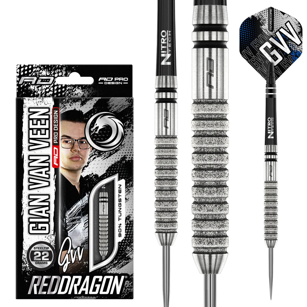 Tour edition 90 percent tungsten darts with textured barrel grip, full dart and packaging, isolated on white background