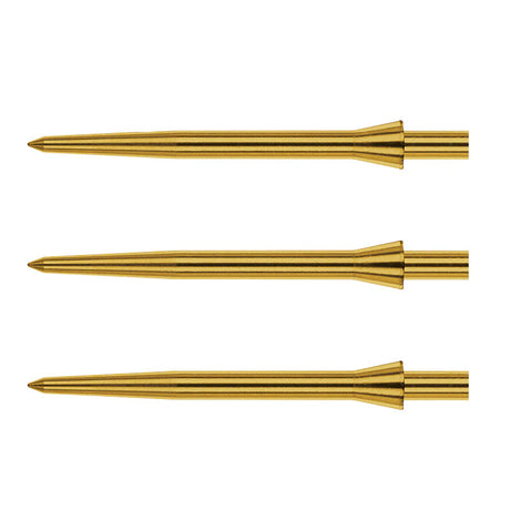 Three gold dart points side by side, showing precision tips and grooved shafts on white background for dart setup