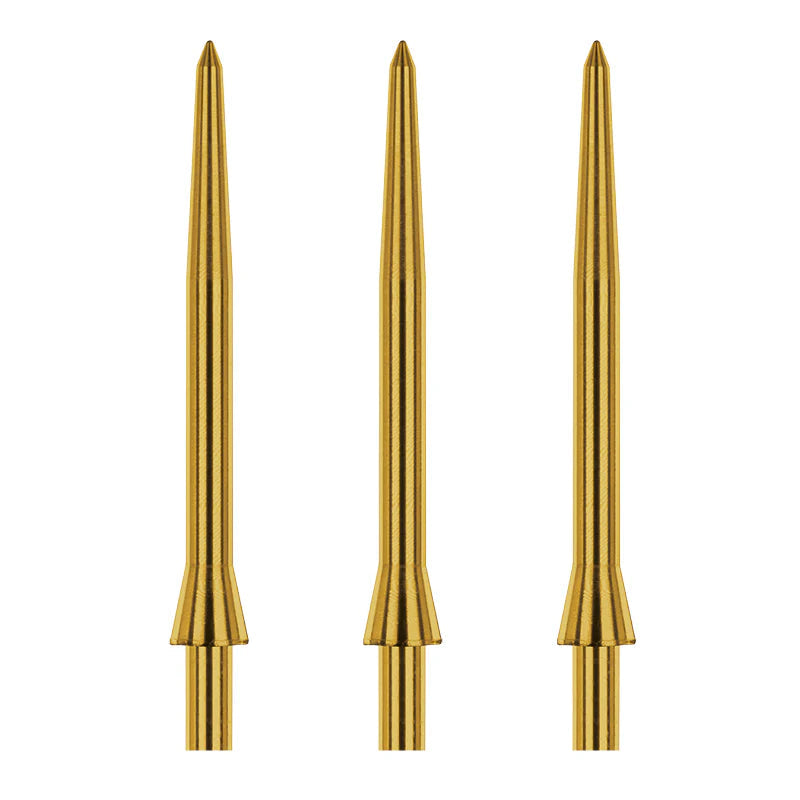 Three gold dart points displayed upright on white background, showcasing oversized tips and smooth precision finish for dartboards