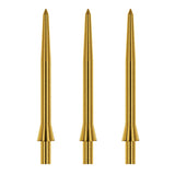 Three gold dart points displayed upright on white background, showcasing oversized tips and smooth precision finish for dartboards