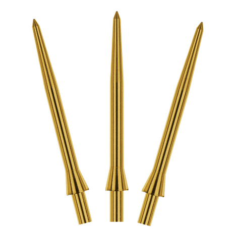 Three gold steel tip dart points full view on white, highlighting precision tips and grooved barrel design for dartboards