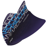 Angled close-up of blue freestyle dart flight with hardcore logo, isolated on white, showing detailed shape and graphic pattern.