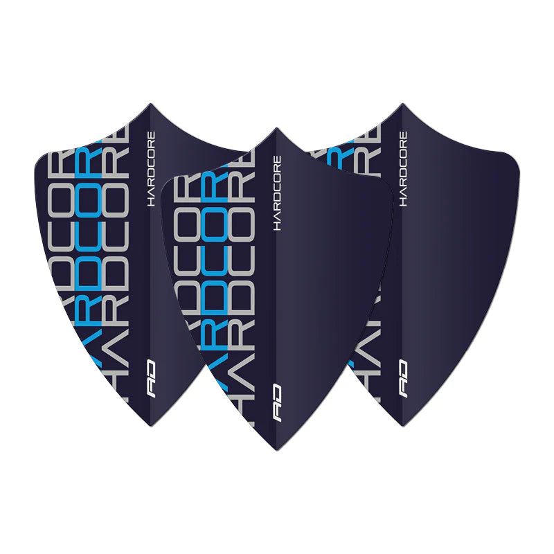 Set of three blue freestyle dart flights in standard shape, bold hardcore typography, isolated on white for clear design view